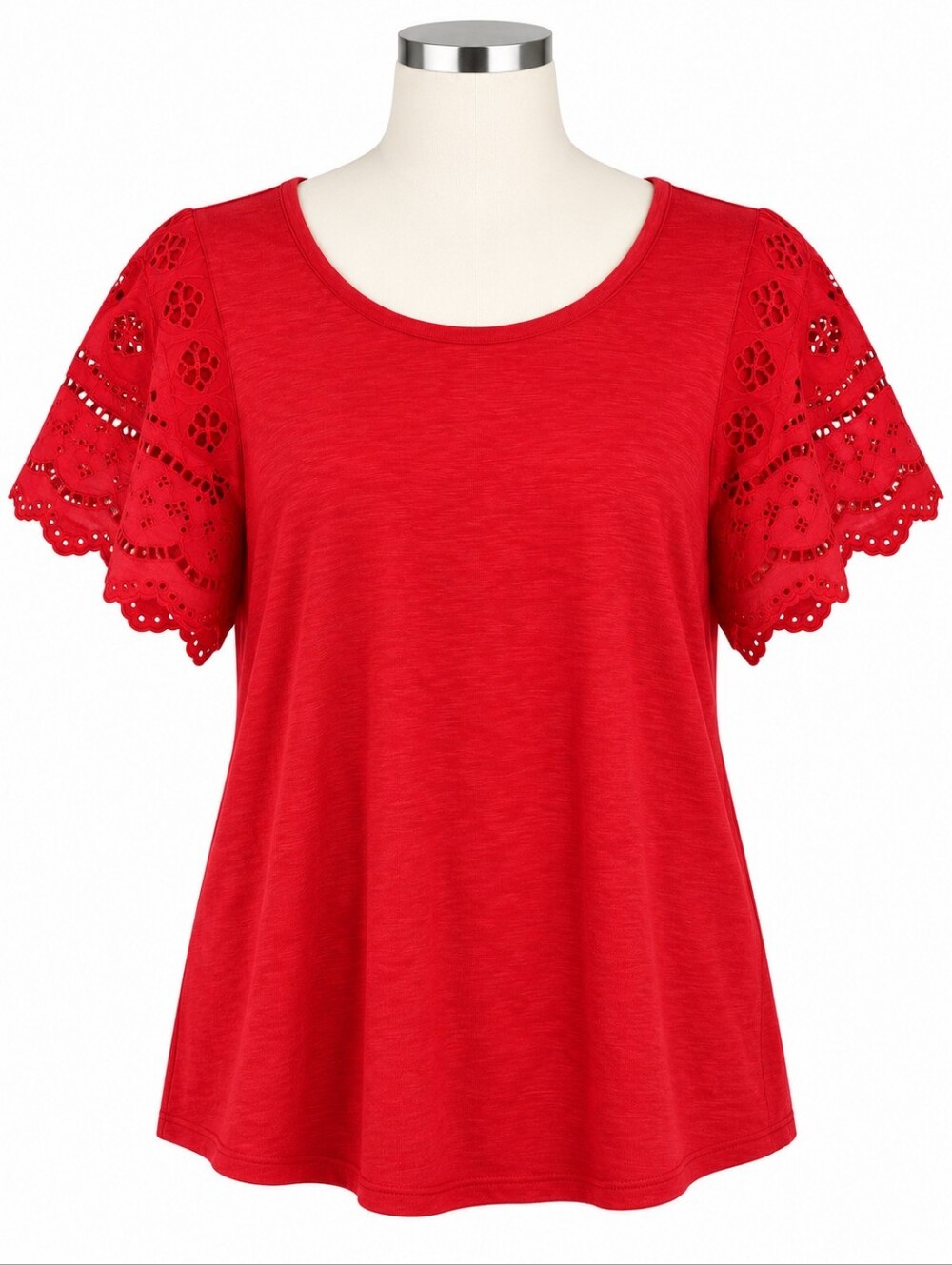 Chicos Red Linen Tee Shirt Lace Eyelet Flutter Sleeve Top Womens Size 2 L Travel